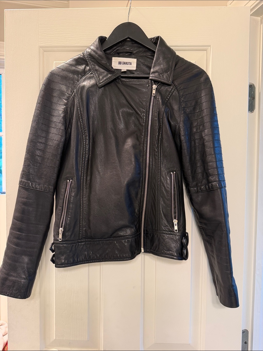 BB Dakota Black Quilted-Sleeve Leather Moto Jacket